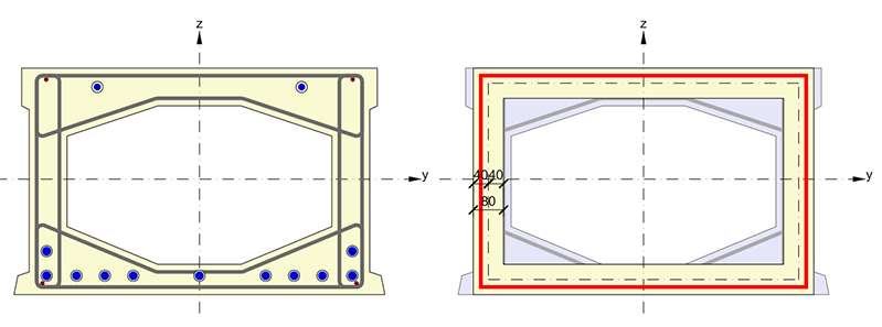 Torsion Program automatically calculates the equivalent thin-walled section for torsion check of concrete cross-section with regard to shear reinforcement selected to resist torsion. Concrete and reinforcement is checked.