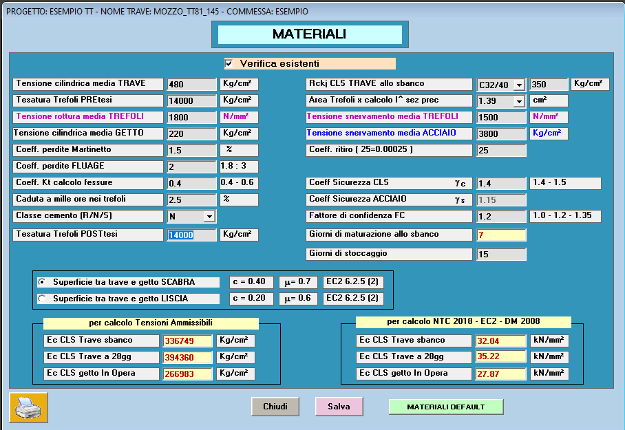 materiali trave precompressa per calcolo verifica trave esistente