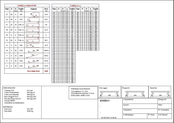 scheda di Disegno per la produzione con computo metrico e ferri-staffe automatici