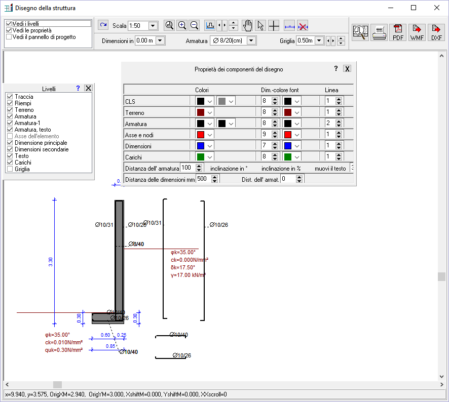 Disegno CAD completo del muro di contenimento con l’armatura