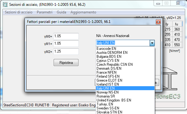 Fattori parziali dei materiali modificabili dall’utente, con la possibilità di scegliere parametri di varie Nazionalità già preinseriti